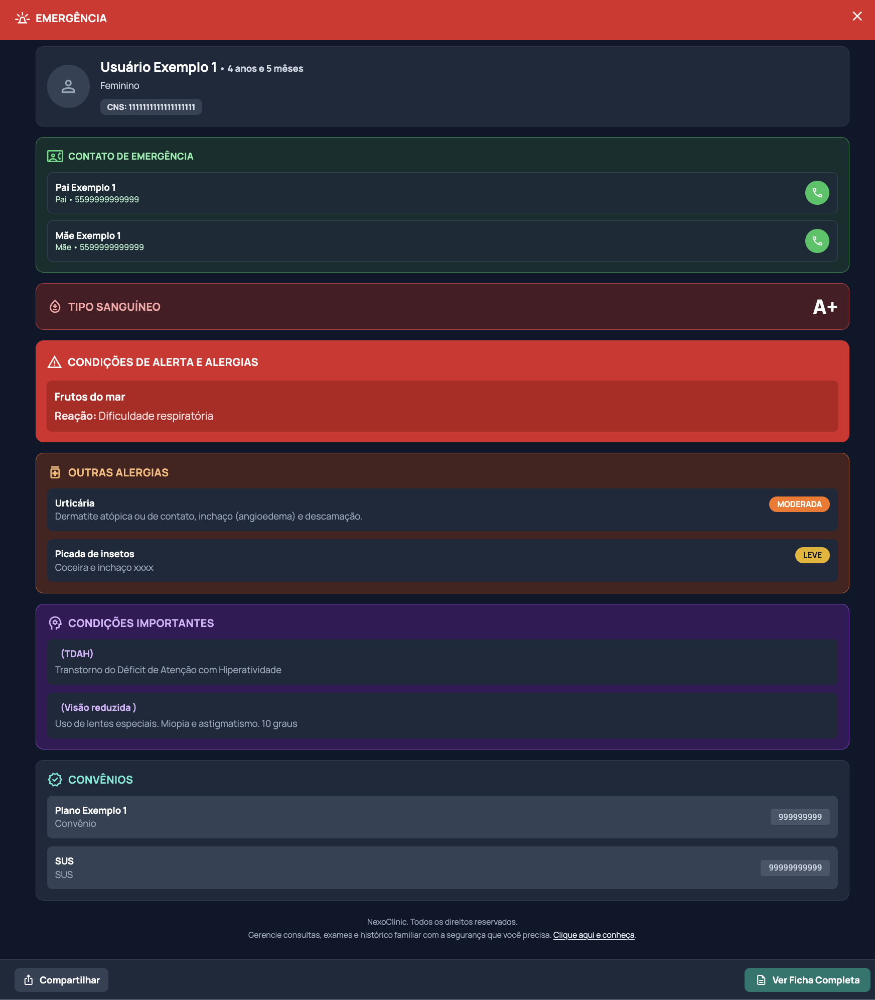Tela com botão e informações de emergência para acesso rápido