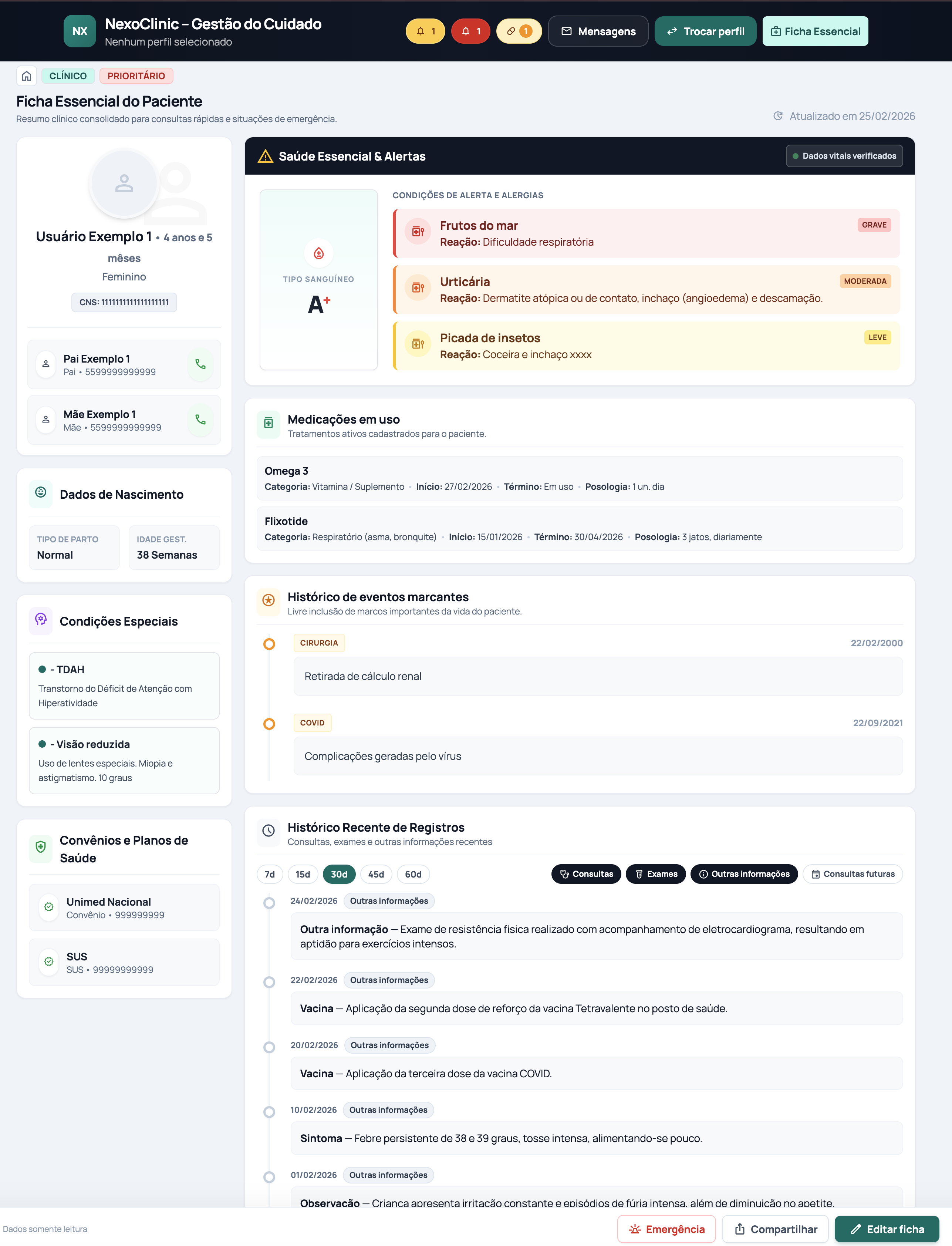Ficha essencial do paciente com dados críticos e medicamentos