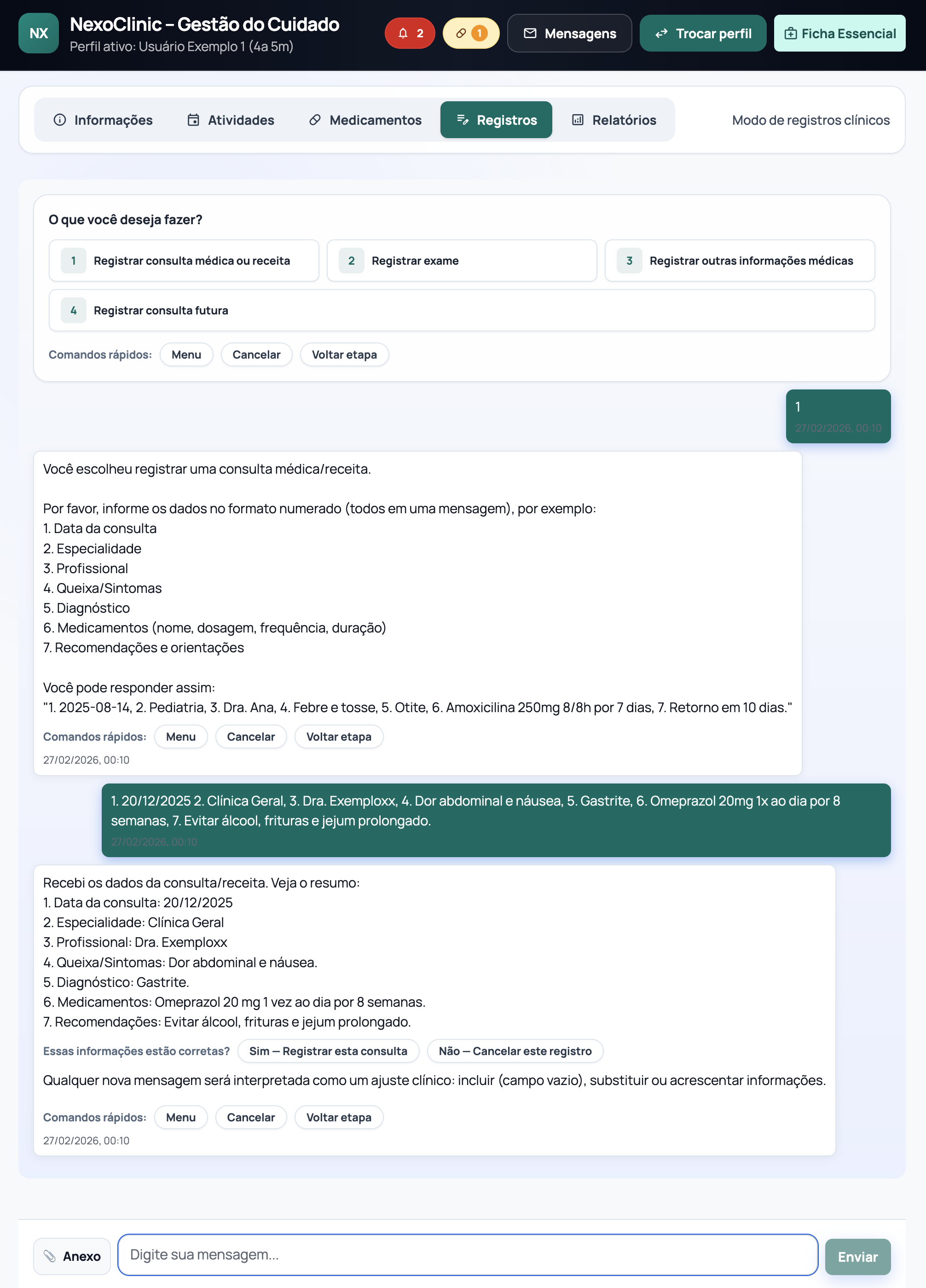 Tela de registros de consultas e exames com formulário estruturado