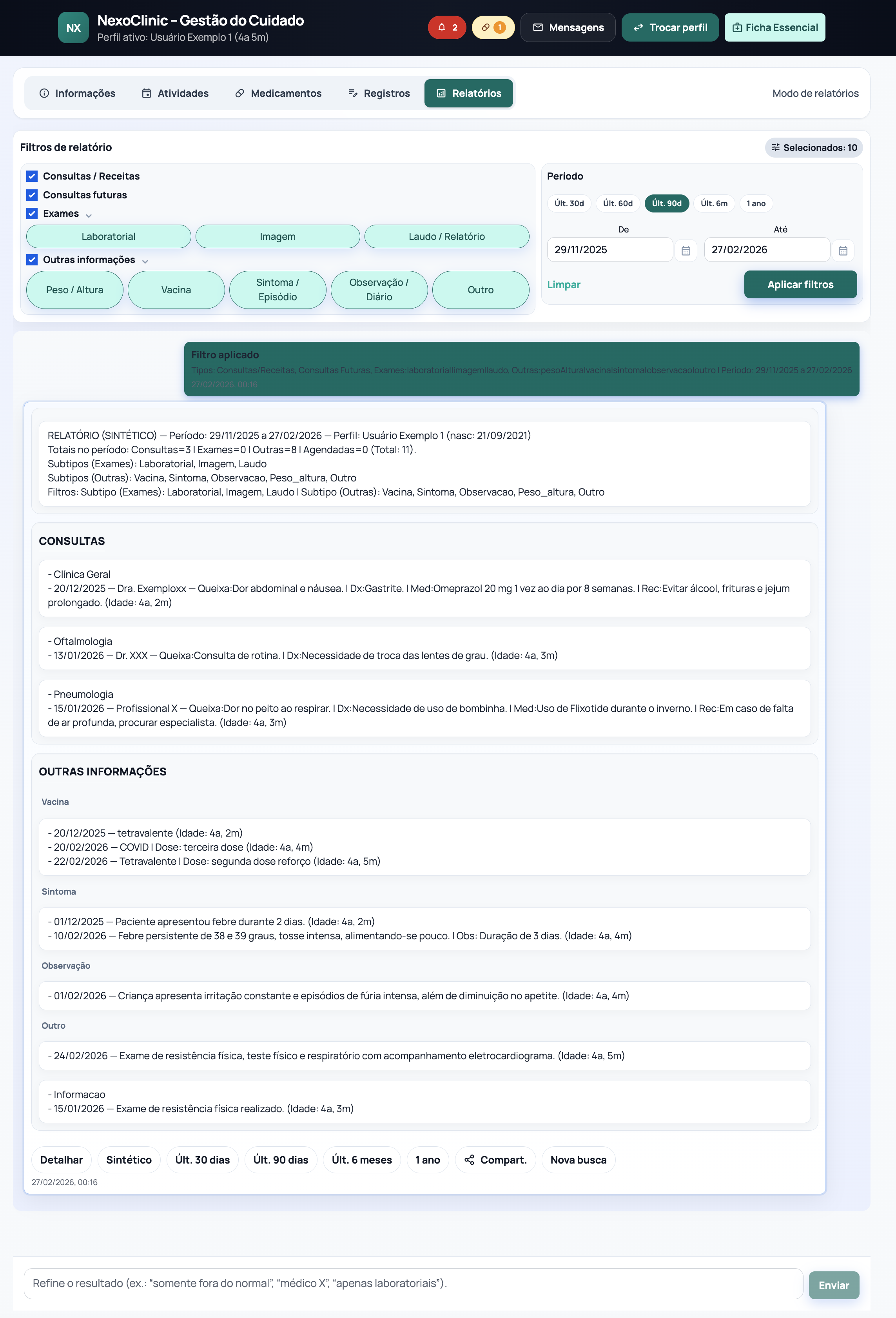 Tela de relatórios com filtros e visão sintética do histórico